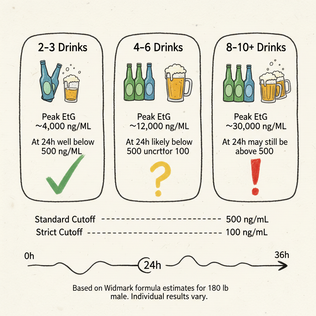 EtG test scenarios infographic - light, moderate, and heavy drinking at 24 hours